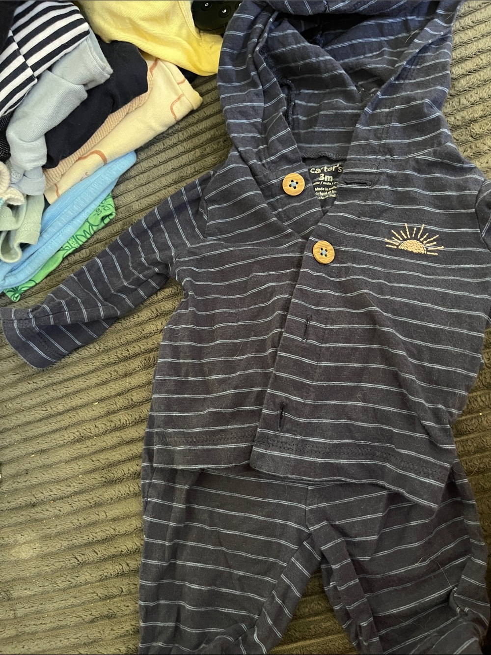 Carter's Navy and Light Gray Striped Hoodie Set with Wooden Buttons